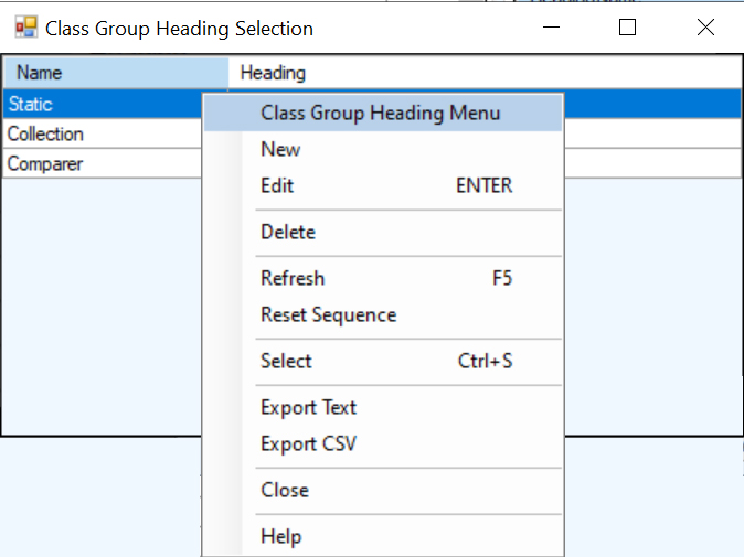 Class Heading Select List