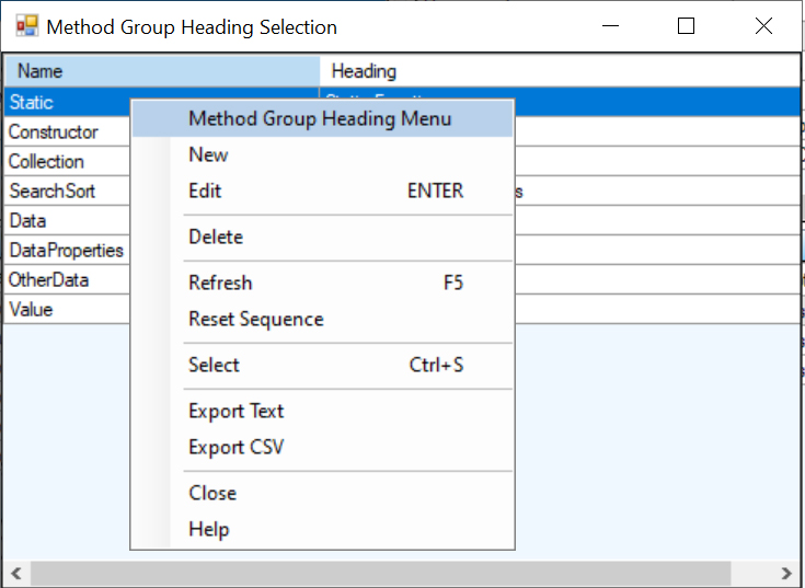 Method Heading Select List